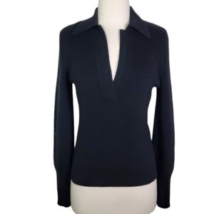 Aqua Cashmere Ribbed Knit Collared Deep V-Neck Sweater Black Size XS